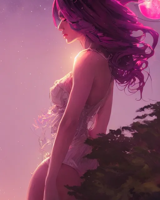 Image similar to a highly detailed image of A beautiful woman basking in the moonlight, with medium length magenta hair, and a tall tree, and large obsidian crystals, cinematic lighting, dramatic atmosphere, by Dustin Nguyen, Akihiko Yoshida, Greg Tocchini, Greg Rutkowski, Cliff Chiang, 4k resolution, trending on artstation