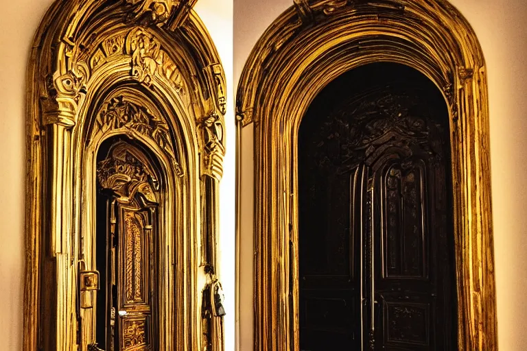 Prompt: a portal to new universe inside of an ornate door frame :: wide angle :: golden light :: rainbows :: vortex