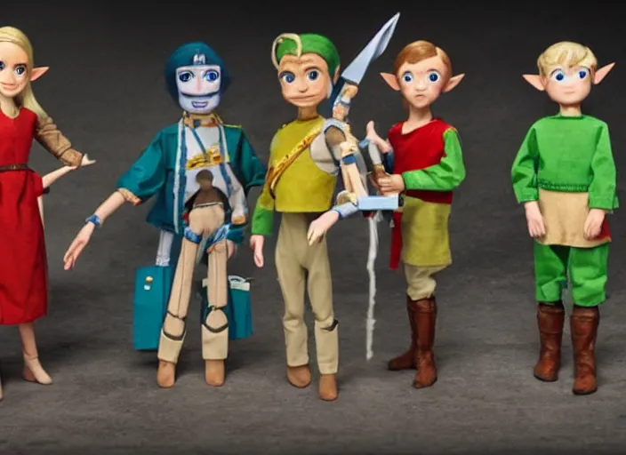 Image similar to still from a live - action tv show in the style of thunderbirds with marionette puppets, starring link and princess zelda and zelda monsters in hyrule or in dungeons. wooden puppets wearing clothing made of fabric. photographic ; realistic ; highly - detailed.