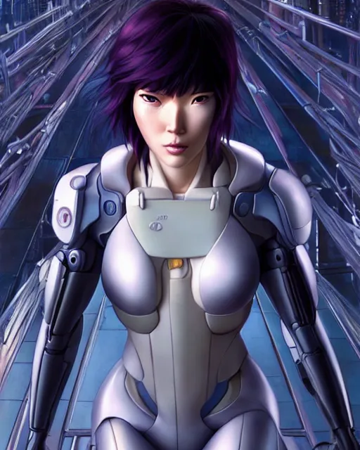 Image similar to weta disney pixar movie still portrait photo of motoko kusanagi ghost in the shell : : as cyborg woman by pixar : : by weta, wlop, ilya kuvshinov, rossdraws, artgerm, marvel, maxim cover, latex, octane render, sweaty, iridescent, bright morning, anime, liosh, mucha : :