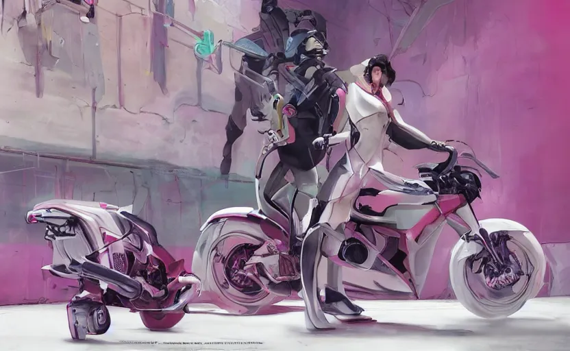 Image similar to a futuristic pink motorbike in a white room. organic painting, matte painting, bold shapes, hard edges, trending on artstation, by huang guangjian and gil elvgren and sachin teng