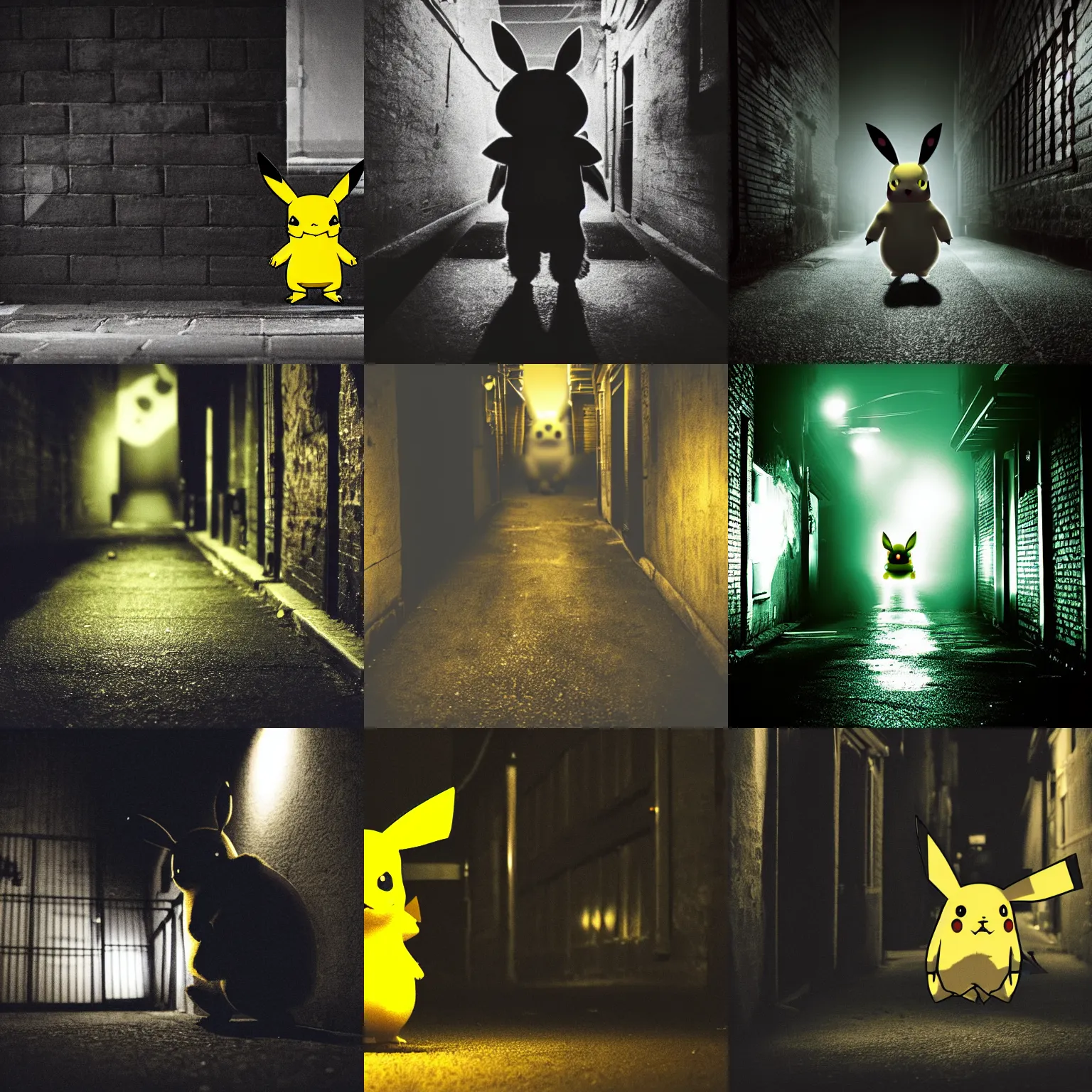 Prompt: Dimly lit photo of a lone Pikachu Pokemon standing ominously in the middle of a dark alley at night, scary horror