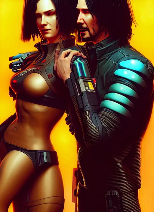 Image similar to a cyberpunk 2077 couple portrait of Keanu Reeves&female android in kiss,love,film lighting,by Laurie Greasley,Lawrence Alma-Tadema,Dan Mumford,artstation,deviantart,FAN ART,full of color,Digital painting,face enhance,highly detailed,8K,octane,golden ratio,cinematic lighting