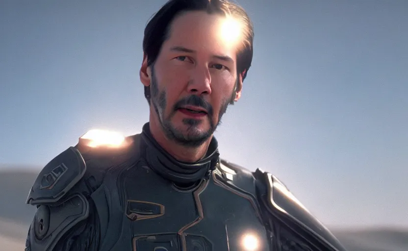 Prompt: Keanu Reeves! in Dune 2021, Cinematic Lighting, Movie Screenshot, Still, 4k, Movie Scene