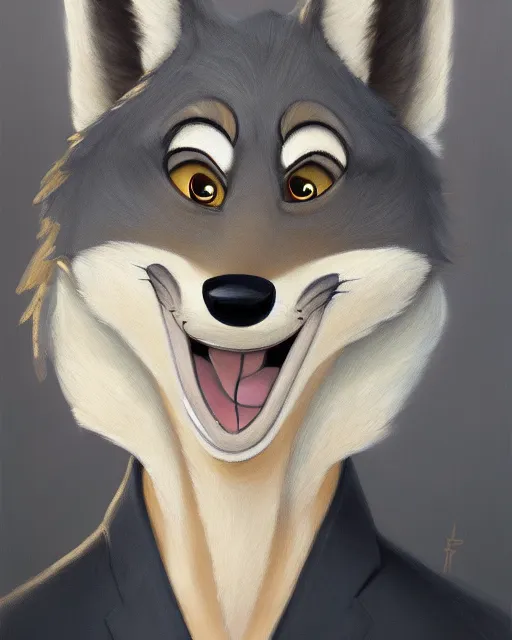 Image similar to oil painting of anthromorphic female wolf, in style of zootopia, female fursona, furry, furaffinity, 4 k, deviantart, furry art, fursona art, wearing black business suit, business suit, wolf fursona, female, very expressive detailed feminine face,