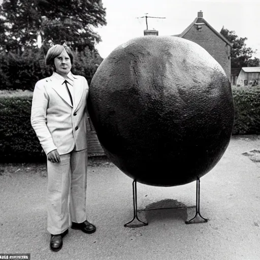 Prompt: a man stands next to the world's largest plum pudding in front of a suburban english house in the year 1 9 7 9