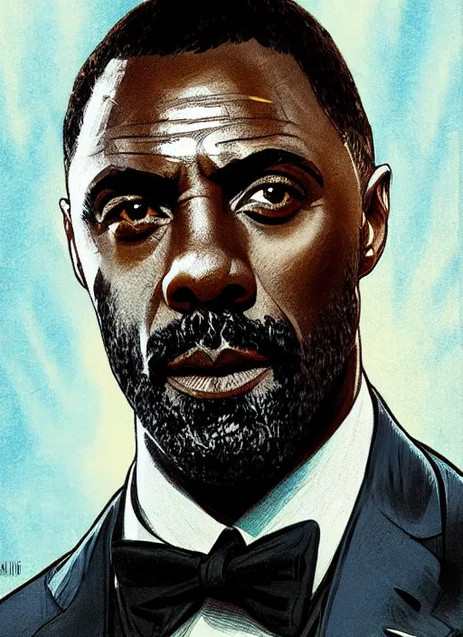 Prompt: portrait of idris elba as james bond, key art, palm trees, vintage aston martin, highly detailed, digital painting, artstation, concept art, cinematic lighting, sharp focus, illustration, by gaston bussiere alphonse mucha