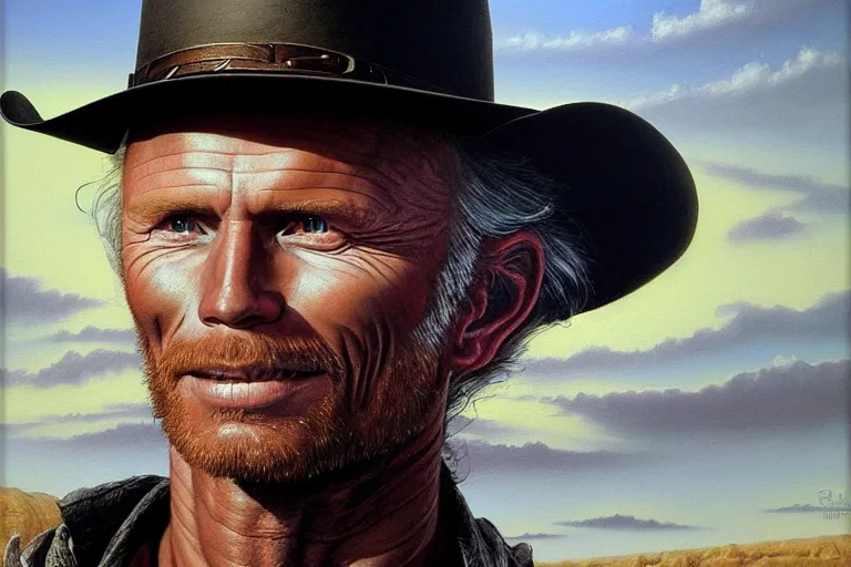 Image similar to poster portrait of ed harris as a black hat cowboy in silverado ( 1 9 8 5 ). oil painting elegant, highly detailed, centered, digital painting, artstation, concept art, smooth, sharp focus, illustration, artgerm, tomasz alen kopera, peter mohrbacher, donato giancola, joseph christian leyendecker drew struzan