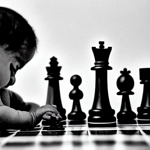 Prompt: black and white portrait photo of a baby scratching his head, looking at a chess board, confused, annie liebovitz,
