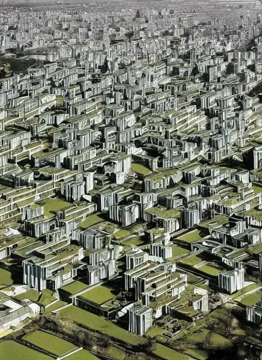 Prompt: brutalist garden city by Denys Lasdun