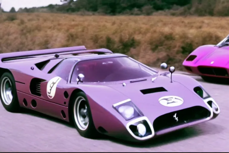 Image similar to vintage archival race footage of a single, purple, 1965 Ferrari F40, with elements of the De Tomaso Pantera, Lotus, GT40, BMW M1, and Countach, movie still, speed, cinematic Panavision 5384 film