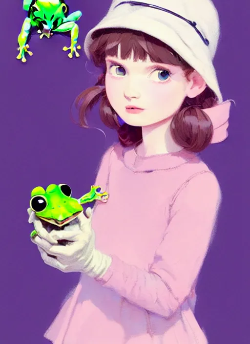 Image similar to highly detailed portrait of a cute fairy girl with a bucket hat holding a frog plushie, tartan hoody, photographic realistic background, ringlet hair by atey ghailan, by greg rutkowski, by greg tocchini, by james gilleard, by joe fenton, by kaethe butcher, gradient pink, cream, celeste and white color scheme, trending in instagram, award winning details