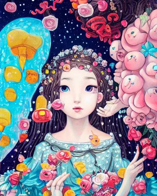 Prompt: a painting of a girl with a castle in her hands, poster art by Hikari Shimoda, featured on pixiv, pop surrealism, whimsical, rococo, maximalist