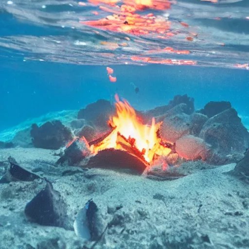 Prompt: photo of a camp fire underwater, highly - detailed, award - winning