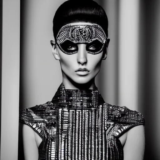 Prompt: close up of the face of a female fashion model in year 3000 in art-deco entrance hall, model wearing a geometric edgy black dress, photography , official versace editorial , highly detailed