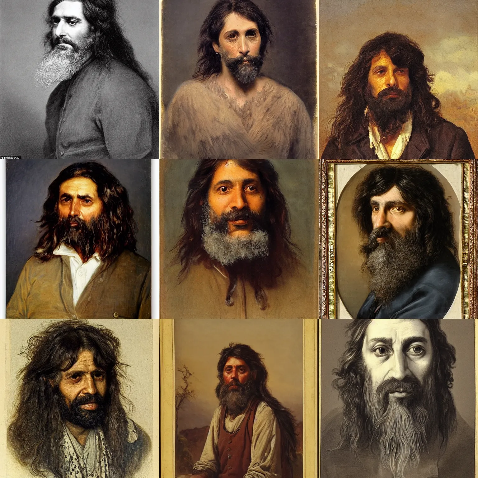 Prompt: a portrait of a man that looks like ray romano with moorish and neanderthal features, with long hair and a scraggly beard, by samuel luke fildes