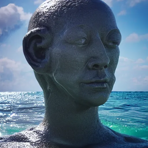 Image similar to a giant sculpture of water in the shape of a human head, on the ocean water, cinematic, in the style of johnson tsang, long shot, hyper detailed, hyper realistic, ray tracing, 8 k resolution, sharp focus, realistic water, award winning