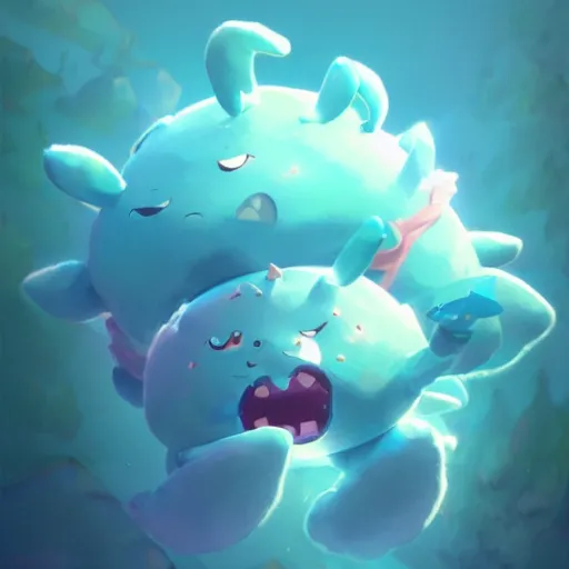 Prompt: cyan cute spirit axie pet hits by tail, fantasy, studio ghibli, clean cel shaded vector art, style artstation, style greg rutkowski, octane render, unreal engine 6, epic game graphics, fantasy, conceptual art, ray tracing