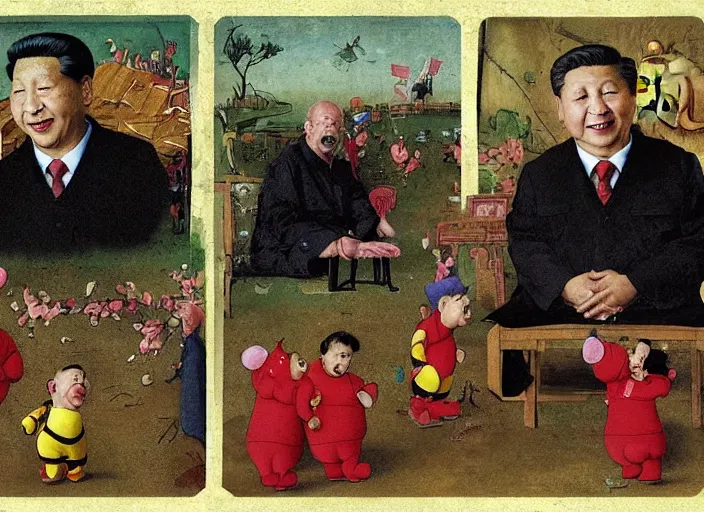 Prompt: portrait of Xi Jinping wearing a Winnie the Pooh onesie in a trashy Chinese dirt poor landfill, hungry, beta weak male, digital painting, concept art, smooth, sharp focus, illustration, from Slumdog Millionaire, by Hieronymus Bosch pastiche, horror element