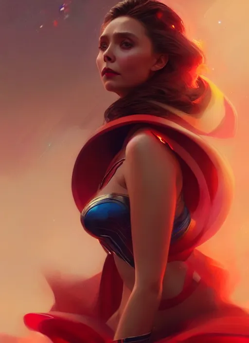 Image similar to portrait of modern darna, elizabeth olsen, intricate, elegant, glowing lights, highly detailed, digital painting, artstation, glamor pose, concept art, smooth, sharp focus, illustration, art by wlop, mars ravelo and greg rutkowski