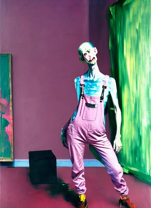 Image similar to an insane, skinny, artist wearing overalls, expressive painting the walls inside a grand messy studio, hauntingly surreal, highly detailed painting by francis bacon, edward hopper, adrian ghenie, gerhard richter, and james jean, soft light 4 k in pink, green and blue colour palette, cinematic composition,