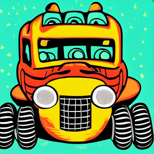 Prompt: Pop-Wonder-NFT Rat-Racer-Hot-Rod-Oversized-Character-Driving-Fast-Vehicle wading through the goopy-muck and slithering about the castle side delights on a melted cheesy day in a hand-drawn vector, svg, cult-classic-comic-style