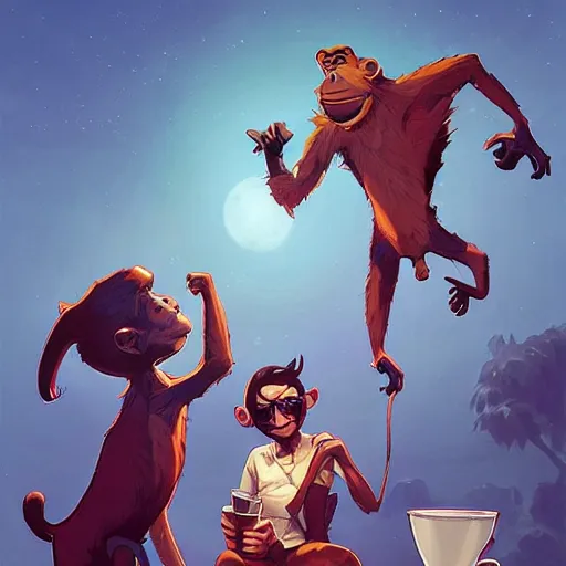 Image similar to cartoon monkeys drinking coffee, behance hd artstation by jesper ejsing, by rhads, makoto shinkai and lois van baarle, ilya kuvshinov, ossdraws, that looks like it is from borderlands and by feng zhu and loish and laurie greasley, victo ngai, andreas rocha