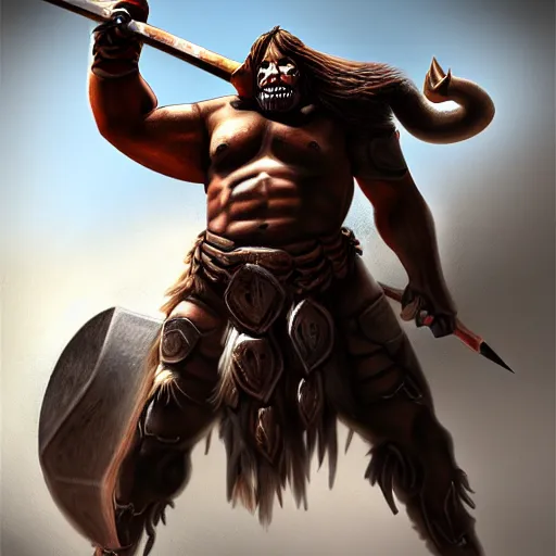 Image similar to Giant minotaur humanoid bull warrior with axe, tauren, concept art, paladin, hyperrealism, high details, digital painting, dark fantasy