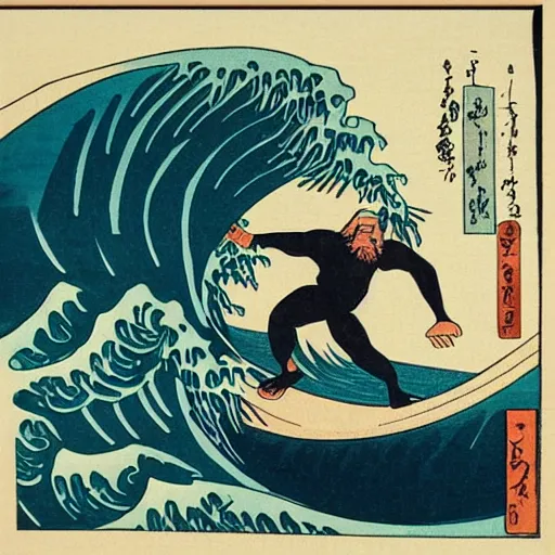 Image similar to bearded man surfing, woodblock print, style of hokusai, fine art, style of kanagawa, painting