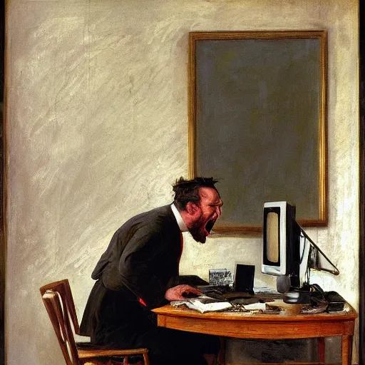 Image similar to an angry man yells at his computer monitor, oil on canvas, 1 8 8 3, highly detailed, high resolution