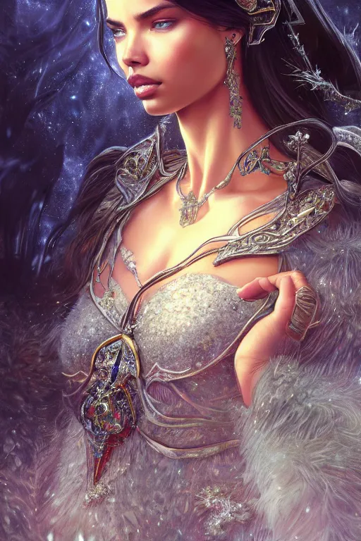 Prompt: photography of adriana lima, ornament crown, organic crystals, frost, deep focus, d & d, fantasy, intricate, elegant, highly detailed, digital painting, artstation, concept art, matte, sharp focus, illustration, hearthstone, art by artgerm and greg rutkowski and alphonse mucha