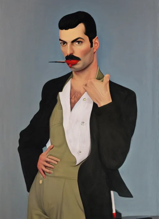 Image similar to a portrait painting of Freddie Mercury by John Currin