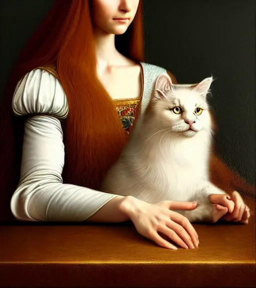 Image similar to portrait of a beautiful long - haired woman with her cat sitting upon a table with heightened detail, poised, intense emotion, detailed facial expression, detailed surroundings, intricate, elegant, highly detailed, centered, digital painting, artstation, concept art, smooth, sharp focus, illustration, by ( leonardo da vinci ), wlop