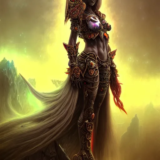 Image similar to a highly detailed Long shot photo of chthonic warcraft Princess Valeera Sanguiunar female character by Ayami Kojima, Beksinski, Giger,intricate, digital painting, artstation, intricate, concept art, smooth, sharp focus, illustration