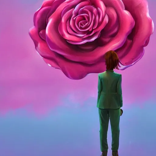 Image similar to closeup, huge rose flower as a head, frontal, a girl in a suit, surreal photography, sunrise, dramatic light, impressionist painting, digital painting, artstation, simon stalenhag