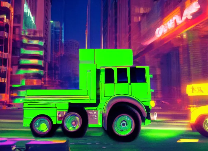 Image similar to a film still of a tonka truck driving through a neon green city at night, cinematic