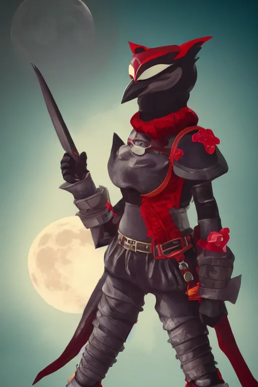 Image similar to female adventurer in tight full - body teal leather armor of japanese design with red accents and a white porcelain crow mask, trending in artstation, japanese, artstation, big moon in the background, establishing shot