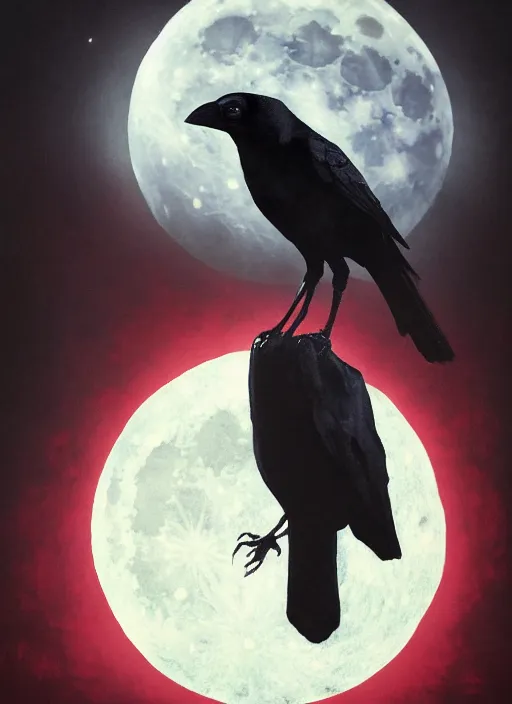 Image similar to portrait, A crow in front of the full big moon, book cover, red white and black colors, establishing shot, extremly high detail, foto realistic, cinematic lighting, pen and ink, intricate line drawings, by Yoshitaka Amano, Ruan Jia, Kentaro Miura, Artgerm, post processed, concept art, artstation, matte painting, style by eddie mendoza, raphael lacoste, alex ross