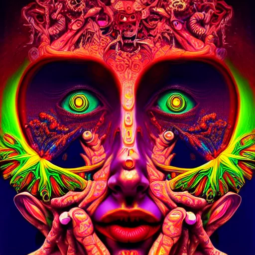 Image similar to An extremely psychedelic portrait of hell, surreal, LSD, face, detailed, intricate, elegant, lithe, highly detailed, digital painting, artstation, concept art, smooth, sharp focus, illustration