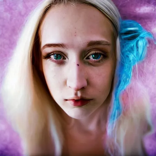 Prompt: portrait of a beautiful psychotic blonde 18 year old stoner wearing a full maid outfit staring intently at the viewer from up close to her face. ultra clear 16K and 8K HD image with amazing detail and shadowing. trending on Instagram. magical ghost lucidity oblique psychotic dream state energy in the galaxy.