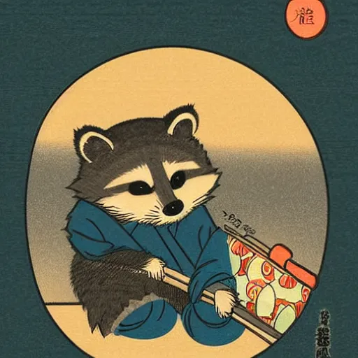 Image similar to little raccoon sitting by a cozy fireplace with a cup of tea. warm color temperature. ukiyo - e,