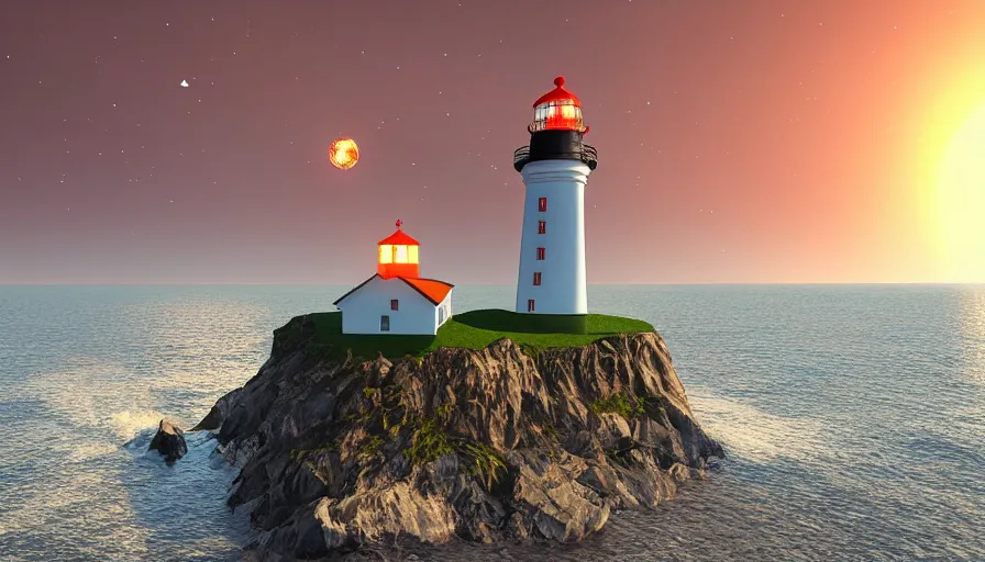 Image similar to a ufo hovers over a lighthouse out at sea, digital art, highly detailed, realistic, bright colors, 8 k