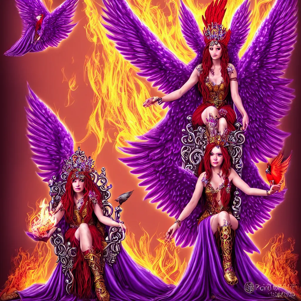 Image similar to Princess sorceress with red flaming bird wings on her back and sitting on an ornate throne dressed in a fancy purple dress, beautiful realistic face, Fantasy, Full Portrait, High detail, realistic, planeswalker