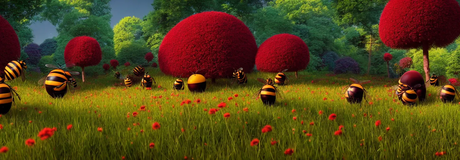 Image similar to stunning glowing dominant large highlighted crimson - black beehive, oversized cute bees in a beautiful forest meadow village landscape, flowers, happy trees, photorealistic, octane render, rtx, hdr, unreal engine, digital art widescreen 8 k, studio ghibli, bob ross, pixar, bee movie, disney