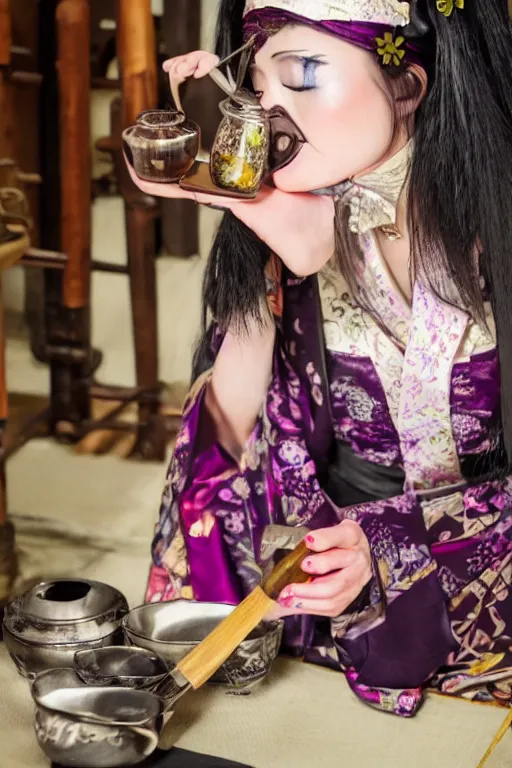 Image similar to photo of a witch, young woman, preparing potion, high heels, japanese kimono