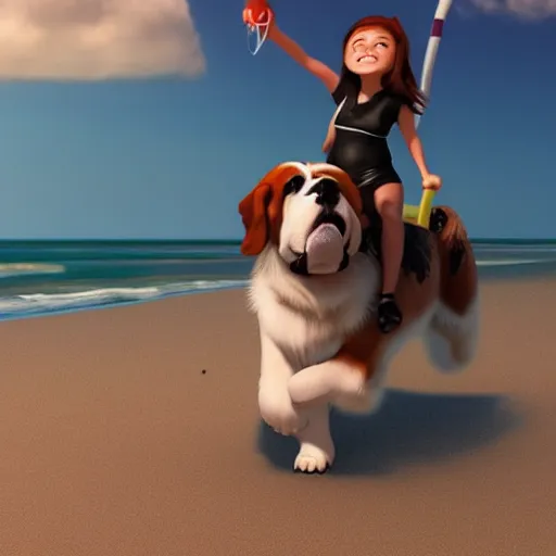 Image similar to girl riding a giant saint Bernard at the beach playing fetch, trending on artstation