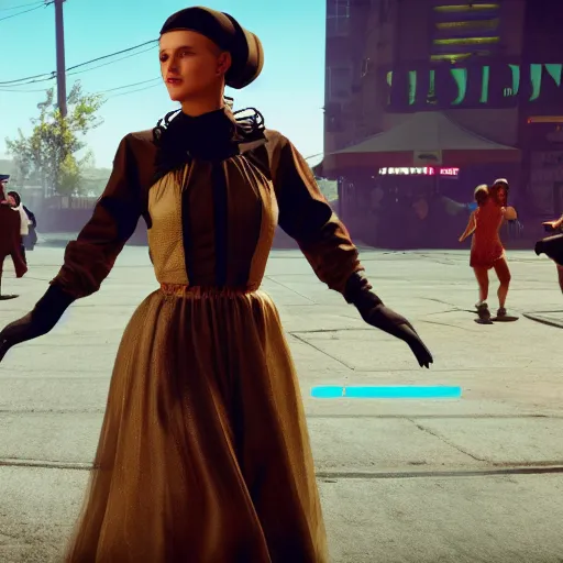 Image similar to Dancing mennonite. Cyberpunk 2077. CP2077. 3840 x 2160