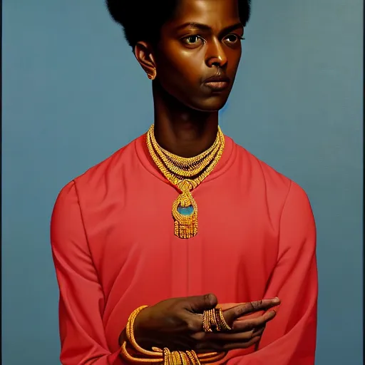 Image similar to A portrait of a slender contemporary and pretty non-binary person, dark skin tone, Indian, oil painting by Kehinde Wiley, majestic, detailed, high resolution