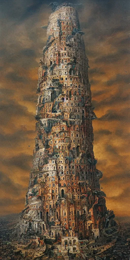 Prompt: tower of babel by tomek setowski, surreal oil painting, dream like, highly detailed, symmetry, masterpiece