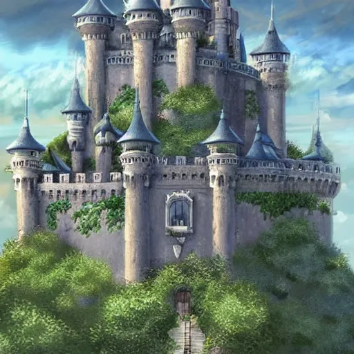 Image similar to Castle with a lot of greenery on its towers, on the island flying in clouds. Art by Hayao Miyazaki. concept art, artstation, intricate details